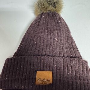 Carhartt Ribbed Knit Beanie in Plum with Fur Pom